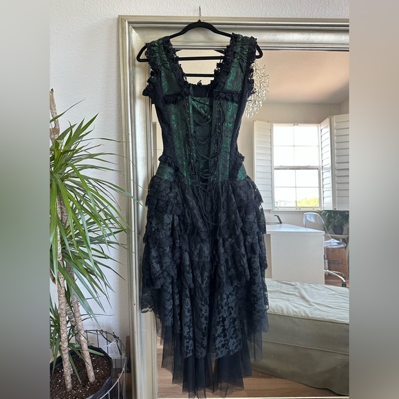 BURLESKA GOTHIC OPHELIE VAMPIRE WEDDING PROM GREEN BROCADE CORSET DRESS - Picture 7 of 12